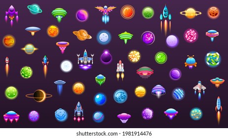 Set Abstract Collection Unidentified Flying Object Alien Ufo Planets SpaceShip Logo Vector Icon Symbol