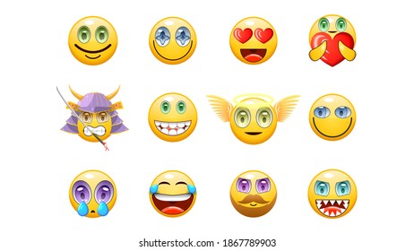 Set Abstract Collection Yellow faces Emotiocons Vector Design Style Icons Face Expression