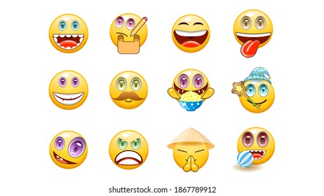 Set Abstract Collection Yellow faces Emotiocons Vector Design Style Icons Face Expression