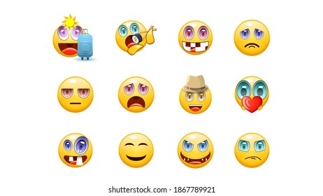 Set Abstract Collection Yellow faces Emotiocons Vector Design Style Icons Face Expression