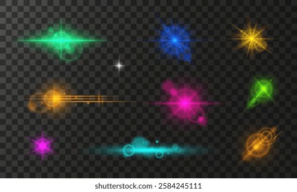 Set of abstract color glare and light flash on dark transparent background.Vector illustration.