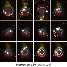 Conjunto de líneas de color abstractas en el espacio oscuro con estrellas y efectos luminosos. Futuristas fondos de ondas con espacio de copia para tu mensaje