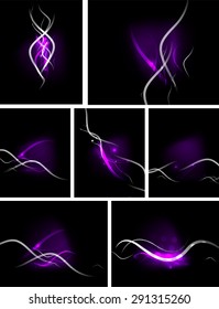 Set of abstract color glowing lines in dark space with stars and light effects. Futuristic wave backgrounds with copyspace for your message