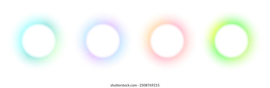 Set of abstract color gradient circle frame isolated on white backgrounds. Collection colorful blend mesh with soft neon light. Holographic iridescent round circles with liquid vibrant gradient blur.