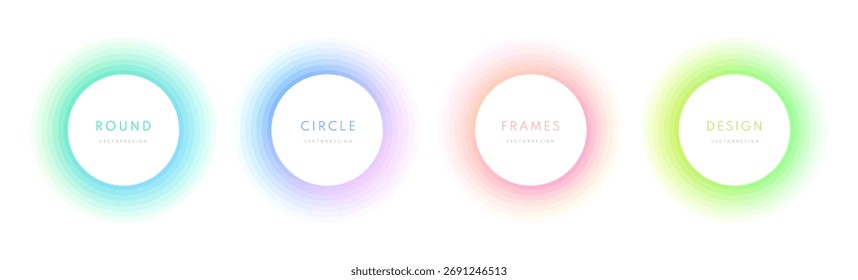 Set of abstract color gradient circle frame isolated on white backgrounds. Collection colorful blend mesh with soft neon light. Holographic iridescent round circles with liquid vibrant gradient blur.
