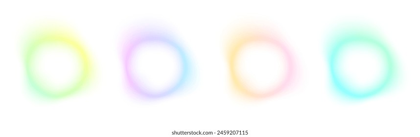 Set of abstract color gradient free form isolated on white backgrounds. Collection of colorful blend mesh with soft neon light. Holographic iridescent round circles with liquid vibrant gradient blur.