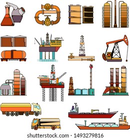 Set of abstract  color oil and gas heavy industry icons featuring energy, oil rigs, factory and industrial equipment for storage and transportation. 