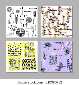 Set of abstract color patterns. Hand drawn textures. Geometric elements and doodles that can be used in textiles, cards, wrapping paper, posters.
