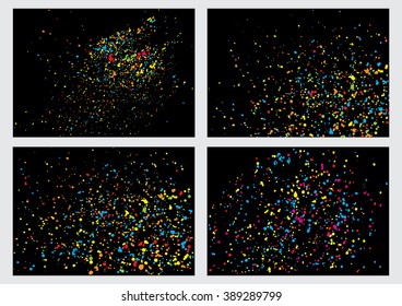 Set of abstract color splash illustration on black background. Collection of calligraphy ink drop on paper random pattern background in color. Colorful confetti on black background bundle.