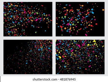 Set of abstract color splash illustration on black background. Collection of calligraphy ink drop on paper random pattern background in color. Colorful confetti on black background bundle.