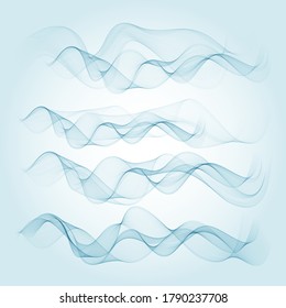 establecer líneas azules vectoriales transparentes de humo de onda de color abstracto