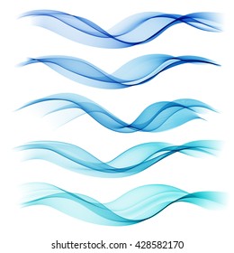 set abstract color wave smoke transparent smooth vector blue lines