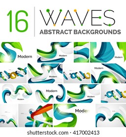 Conjunto de ondas de color abstractas, varios diseños inusuales - curvas transparentes, líneas suaves, plantillas de ondas de humo, colores verdes azules y rojos. Plantillas de fondo modernas y diseños de banners universales