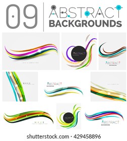 Set of abstract color waves, unusual various designs - transparent curves, smooth lines, smoke wave templates, blue red green colors. Universal modern background templates and banner layouts