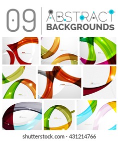 Conjunto de ondas de color abstractas, varios diseños inusuales - curvas transparentes, líneas suaves, plantillas de ondas de humo, colores verdes azules y rojos. Plantillas de fondo modernas y diseños de banners universales