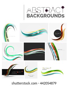 Set of abstract color waves, unusual various designs - transparent curves, smooth lines, smoke wave templates, blue red green colors. Universal modern background templates and banner layouts