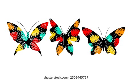 Set of abstract colored butterflies with a bright botanical pattern. Vector illustration