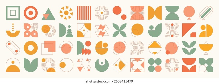 Set of abstract colored geometric shapes vector. Collection of contemporary figure, flower, circle, sparkle, pixel, halftone, line. Design element perfect for banner, prints, stickers, decor.
