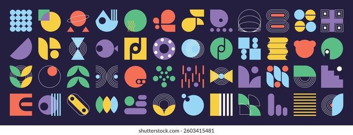 Set of abstract colored geometric shapes vector. Collection of contemporary figure, flower, circle, sparkle, pixel, halftone, line. Design element perfect for banner, prints, stickers, decor.