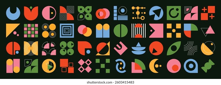 Set of abstract colored geometric shapes vector. Collection of contemporary figure, flower, circle, sparkle, pixel, halftone, line. Design element perfect for banner, prints, stickers, decor.