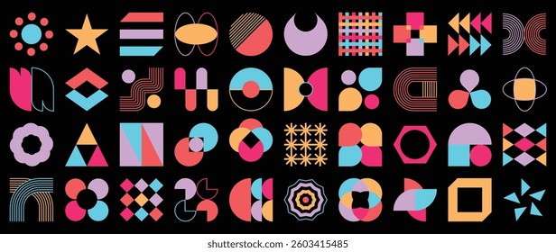 Set of abstract colored geometric shapes vector. Collection of contemporary figure, flower, circle, sparkle, pixel, halftone, line. Design element perfect for banner, prints, stickers, decor.