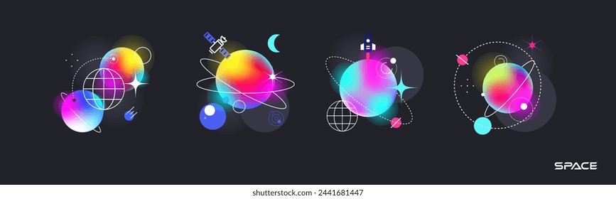 Set of abstract colored planets in space subjects. Amazing space illustration of celestial bodies and objects for design.