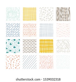 Set of abstract colored squares. Hand drawn backgrounds. Design elements. Simple scratchy textures. Doodle drawings. Modern ethnic ornaments. Pattern. Vector illustration
