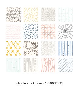 Set of abstract colored squares. Hand drawn backgrounds. Doodle drawings. Simple scratchy textures. Modern ethnic ornaments. Pattern. Design elements. Vector illustration