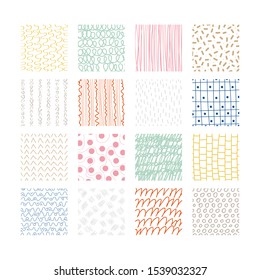 Set of abstract colored squares. Hand drawn backgrounds. Doodle drawings. Simple scratchy textures. Modern ethnic ornaments. Design elements. Pattern. Vector illustration
