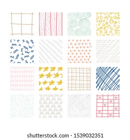 Set of abstract colored squares. Hand drawn backgrounds. Doodle drawings. Simple scratchy textures. Design elements. Modern ethnic ornaments. Pattern. Vector illustration