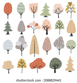 Set of abstract colored trees in the Scandinavian style. Cartoon vector illustration