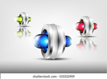 Set of abstract colorful 3d logos with chrome wheel and neon bulb inside. Security flashing beacons. 