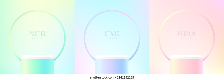 Set of abstract colorful 3D room with realistic green, yellow, pink and blue hologram color cylinder stand podium. Pastel minimal scene for product display. Vector geometric forms. Stage for showcase.