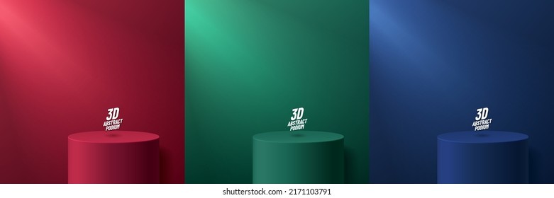 Set of abstract colorful 3D room with realistic cylinder stand or podium. Red, Green and Blue vector geometric forms design. Minimal scene for mockup products, Stage for showcase, Promotion display.