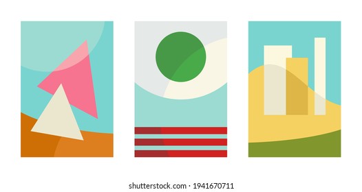 Set of abstract colorful art compositions. Minimal geometric flat shapes illustrations
