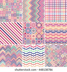 Set of abstract colorful  background, 9 geometric pattern, vector illustration. Texture can be used for printing onto fabric and paper. Pastel pink color. 