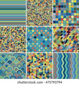 Set of abstract colorful background, 9 geometric pattern, vector illustration. Texture can be used for printing onto fabric and paper. Blue, yellow, orange colors