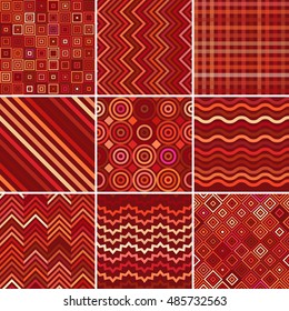 Set of abstract colorful background, 9 red geometric pattern, vector illustration. Texture can be used for printing onto fabric and paper