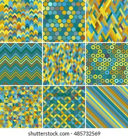 Set of abstract colorful background, 9 geometric pattern, vector illustration. Texture can be used for printing onto fabric and paper. Yellow, blue, green colors