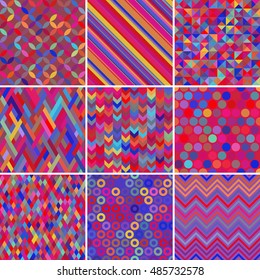 Set of abstract colorful background, 9 nine colorful geometric pattern, vector illustration. Texture can be used for printing onto fabric and paper