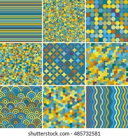 Set of abstract colorful background, 9 geometric pattern, vector illustration. Texture can be used for printing onto fabric and paper. Yellow, blue, green colors