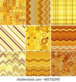 Set of abstract colorful background, 9 yellow geometric pattern, vector illustration. Texture can be used for printing onto fabric and paper
