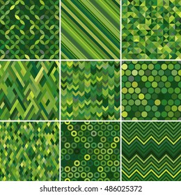 Set of abstract colorful background, 9, nine green geometric pattern, vector illustration. Texture can be used for printing onto fabric and paper