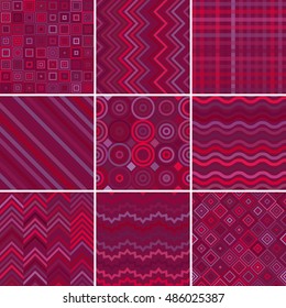 Set of abstract colorful background, 9 pink geometric pattern, vector illustration. Texture can be used for printing onto fabric and paper
