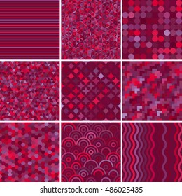 Conjunto de fondo colorido abstracto, 9 patrones geométricos rosados, ilustración vectorial. La textura se puede utilizar para imprimir en tela y papel