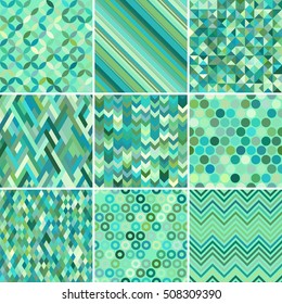 Set of abstract colorful background, 9 geometric pattern, vector illustration. Texture can be used for printing onto fabric and paper. Green, blue colors