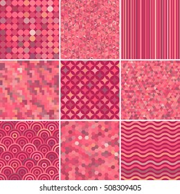 Set of abstract colorful background, 9 geometric pattern, vector illustration. Texture can be used for printing onto fabric and paper. Red, pink colors