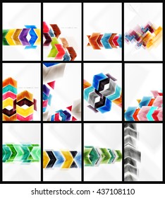 Conjunto de fundos coloridos abstratos. Coleção de folhetos da web vetorial, folhetos da internet, papel de parede ou desenhos de cartaz da capa. Estilo geométrico, colorido realístico brilhante setas formas, modelos em branco