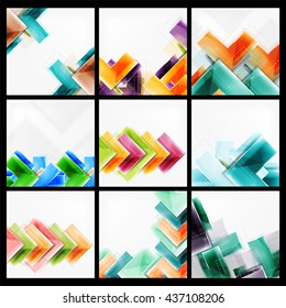 Set of abstract colorful backgrounds. Collection of vector web brochures, internet flyers, wallpaper or cover poster designs. Geometric style, colorful realistic glossy arrow shapes, blank templates