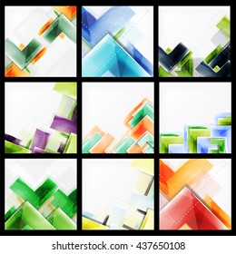 Set of abstract colorful backgrounds. Collection of vector web brochures, internet flyers, wallpaper or cover poster designs. Geometric style, colorful realistic glossy arrow shapes, blank templates